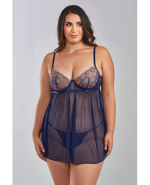 December Delight - Cross Dyed Galloon Lace & Mesh Babydoll - Navy